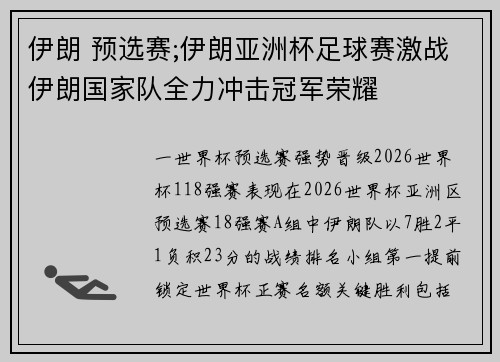 伊朗 预选赛;伊朗亚洲杯足球赛激战伊朗国家队全力冲击冠军荣耀